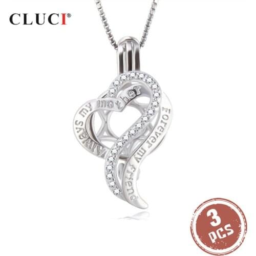CLUCI 3pcs Silver 925 Heart Pearl Pendant Locket for Women Necklace 925 Sterling Silver Zircon Pendant Mothers Day Gift SC353SB