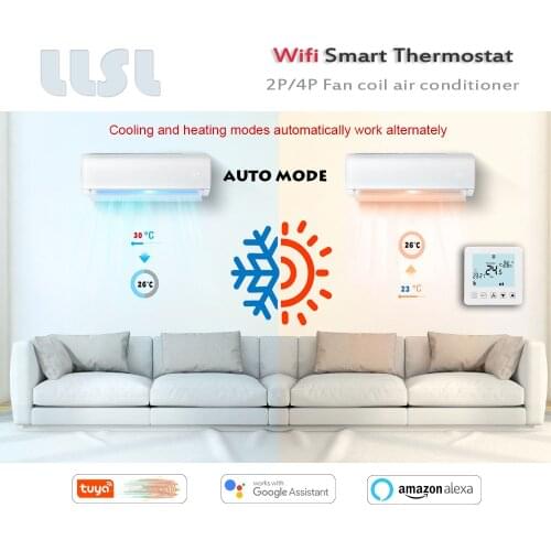 95-230v Tuya fan coil heating and cooling temperature regulator, automatic mode heating and cooling,works with Alexa Google Home