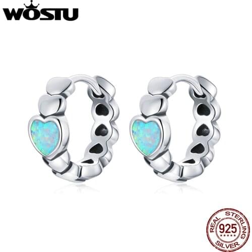 Wostu New Silver Rainbow Love Earrings 925 Sterling Silver Hoop Earrings Heart Shaped Opal for Women Fine Jewelry BKE1137