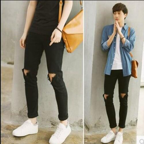 Japanese and Korean plus size European and American tide male knee hole denim pants pants black pencil beggar slim pants