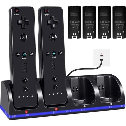 For Nintendo Wii Remote Controller Charging Dock Station + 4pcs 2800mAh Rechargeable Batteries For Wii Gamepad Battery Charger