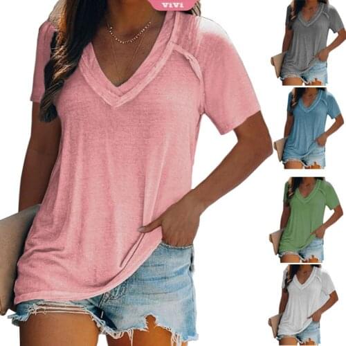2020 Short-sleeved T-shirt Womens Spring And Summer Fashion Casual Bilateral V-neck Solid Color Tops Plus Size T-shirts