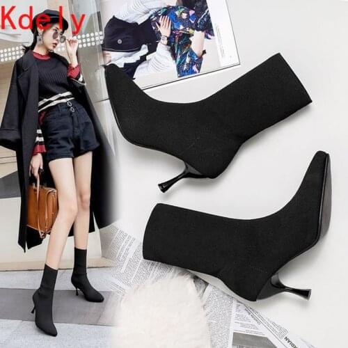 2020 New High Heel Sock Boots Woman Candy Color SlimLeg Mid-Calf Booties Knitted Weave Botas Femme Stretch Long Sock Botines