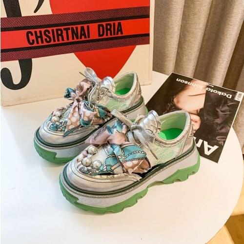 Platform Shoes Women 20201Chunky Sneakers Luxury Fashion Designer Pearl Silk Thick Sole Ladies Shoes Breathable Sneakers Woman