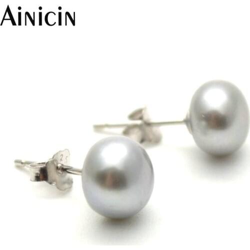 1pairs Natural Freshwater Pearls Stud Earrings 8mm Diameter Gray Color Semicircle Round Shape EarRing For Women Party Jewelry