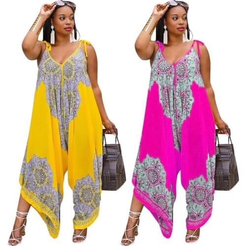 2021 Summer Sexy Women Sleeveless Printing V-neck Polyester Long Jumpsuit Overalls for Women L-4XL