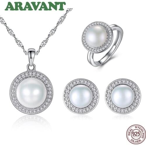 Wedding Jewelry Sets Natural Freshwater Pearl Necklace Earring Adjustable Ring Women Fashion 925 Silver Jewelry