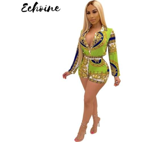 Echoine Sexy Leopard Print Short Jumpsuit Blouses Top V Neck Flare Long Sleeve Skinny Waist Shorts Romper Office Party Playsuit