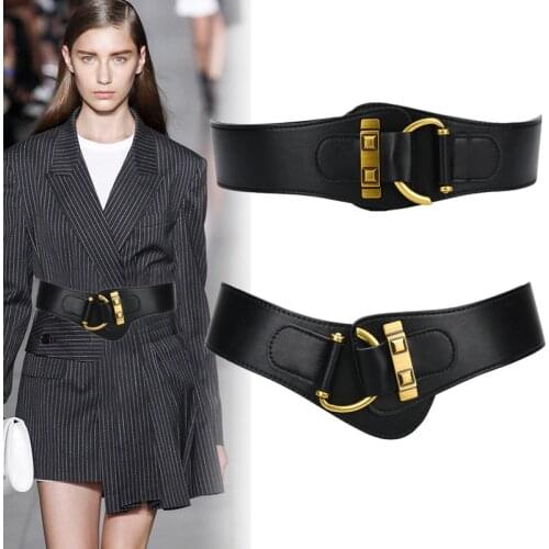 Wide Genuine Leather Belts coat women NEW vintage big buckle black cowhide stretch waistbands for dress elastic cummerbund party