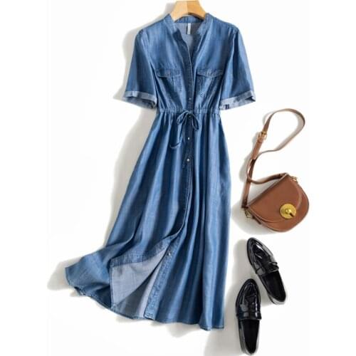 Summer New Women Loose Plus Size Japan Style Elastic Waist Comfortable Tencel Denim Shirt Dresses W/h Side Pockets