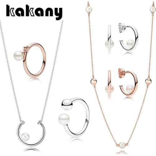 KAKANY New Genuine 925 Sterling Silver Natural Pearl Ring Popular Elegant Pearl Circle Earrings Classic Fashion Pearl Necklace