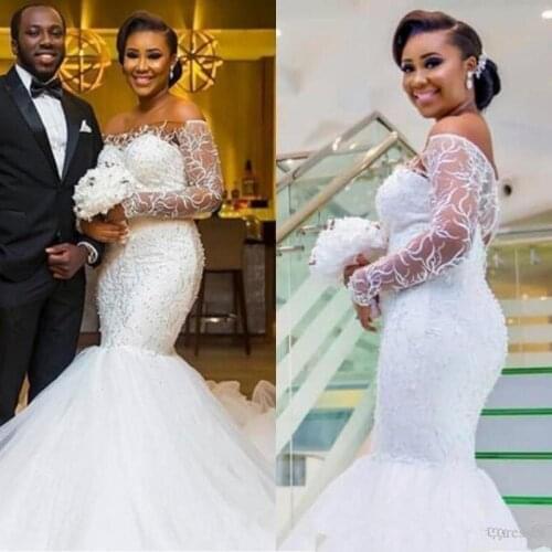 Mermaid Wedding Dresses Off Shoulder Illusion Lace Beads Long Sleeves Open Back Court Train African Black Girl Bridal Gowns