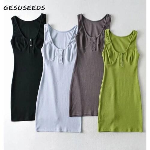 Summer Dress 2021 Casual Tank Dress Bodycon Mini Dresses Women Vintage Knitted Dresses Sleeveless V Neck Dress Black Green