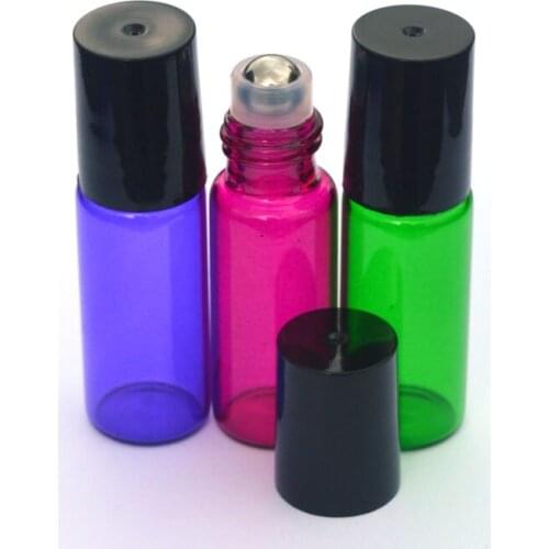3pcs Empty Colorful Perfume Sample 5ml Roller Glass Bottle Essential Oil Vial With Black Plastic Cap