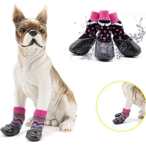4Pcs Autumn Winter Outdoor Waterproof Dog Socks Anti Skid Small and Large 4pcs Set Pet Shoes Dog Cotton Shoes