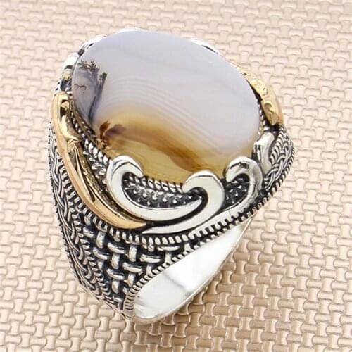 925 Sterling Silver Ring With Stone For Men Yemen Agate Gemstone Gift For Him Mens Rings Handmade - Turkish Jewelry