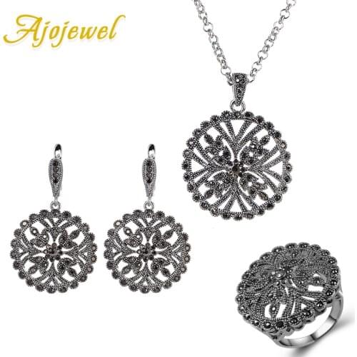 Ajojewel Vintage Hollow Flower Jewelry Set Antique Jewelry Earring Necklace And Ring One Set With Full Black Rhinestone