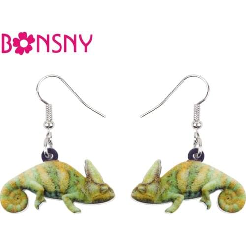Bonsny Acrylic Novelty Green Lizard Gecko Earrings Big Long Dangle Drop Trendy Jewelry For Women Girls Teens Animal Charms Gift