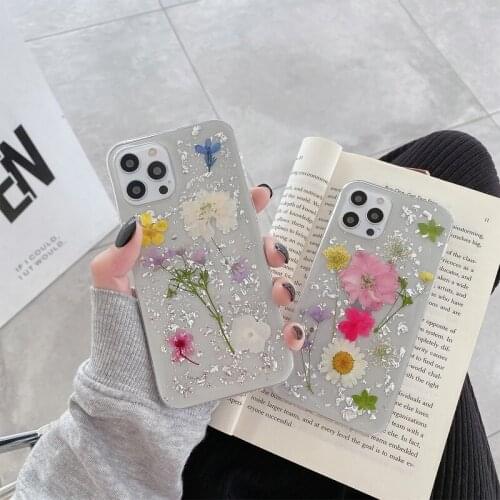 Phone Case Cover For iPhone 7 8 Plus SE 2020 11 12 Pro Max X XR XS Max Luxury Glitter Foil Real Dried Flower Soft TPU Gel Skin