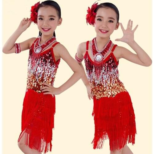 Child latin performance wear Sling Sequin kids latin dance costume Tassels children dancing dress girl dance clothing