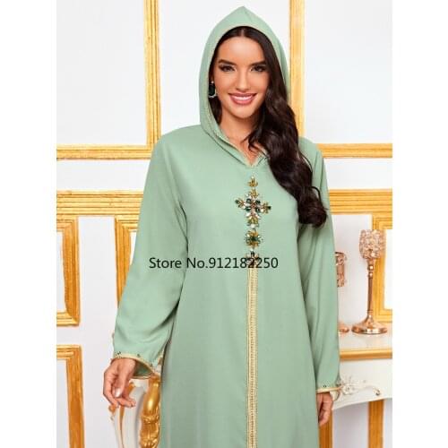 Dubai Abaya Djellaba Moroccan Kaftan women diamond braided finish with long sleeved Muslim hijab Maxi dress Arabic Islamic cloth