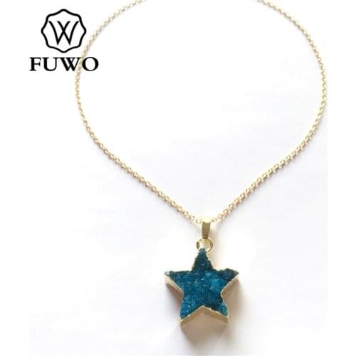 FUWO Fashion Carved Star Shape Druzy Necklace With 24K Gold Filled Brass Chain High Quality Anti-fading Bohemia Jewelry NC065