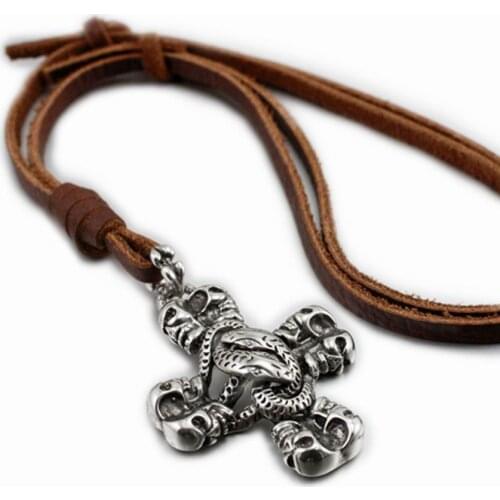 316L Stainless Steel Cross Skull Snake Pendant Leather Necklace 4G002
