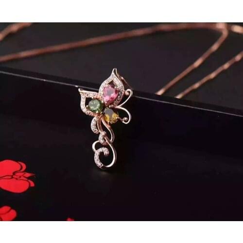 Natural multicolor tourmaline pendant S925 silver Natural gemstone Pendant Necklace trendy Lucky Butterfly fly women jewelry