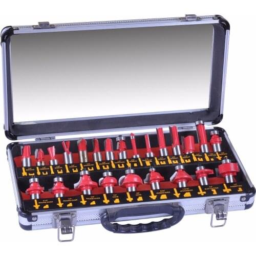 24PCS 1/4"(6.35mm) Shank Tungsten Carbide Router Bit Set Wood Woodworking Cutter Trimming Knife Forming Milling w/ Wood Case box