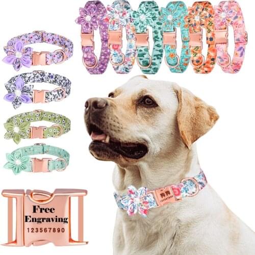 Dog Collar With Flower Personalized Nylon Pet Dog Tag Collar Puppy Cat Nameplate ID Collars Adjustable For Pet Dogs Engraved