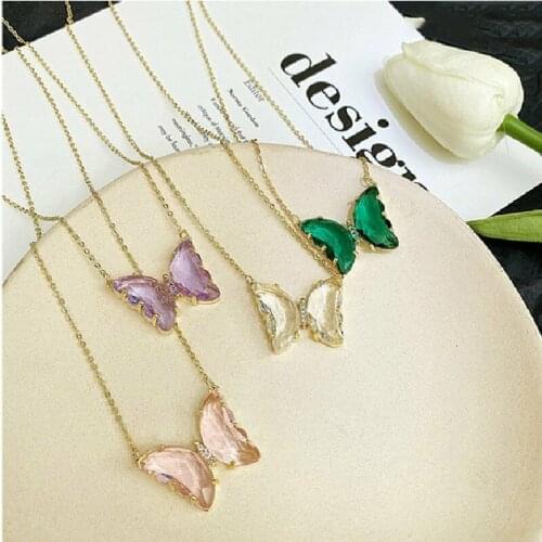 Colors Crystal Butterfly Pendant Necklace For Women Fashion Stainless Steel O Chain Necklace Korean Style Party Jewelry