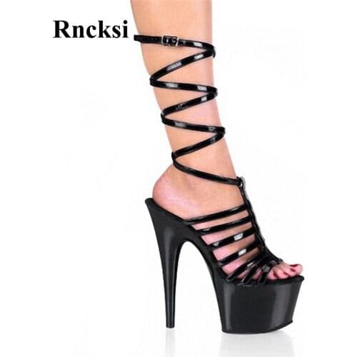 Rncksi New Women Sexy Long Straps 17cm High Heels Waterproof Platform Sandals Pole Dance Dress Sandals