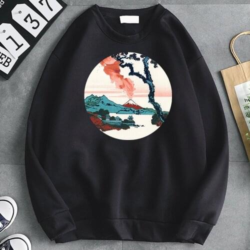 Hoodies Sweatshirts Hokusai View Of Mount Fuji With Eruption Print Sweatshirts Fleece Soft Hoody Fashion Hip Hop Men Streetwear