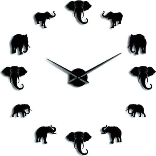 Unique Animal Shape Wall Clock Fashion DIY Acrylic Mirror Elephant Hanging Clock for Home Bedroom Living Room,Black