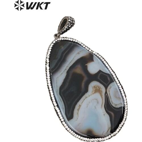 WT-NP309 WKT Wholesale Hot Sale Elegant Natural Slice Stone Jewelry Gorgeous Sparkly Rhinestone Pave Necklace Pendant