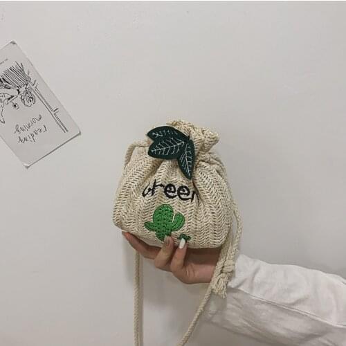 2021 New Women Beach Straw Bags Classic Texture Green Cactus Drawstring Woven Bucket Crossbody Shoulder Messenger Pouch