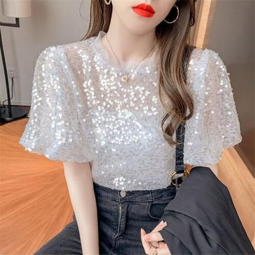 New Big Size Fashion Women Sequined T-Shirt Slim Summer O-Neck Transparent Shirt Short Sleeve Tees Lady Basic Tops Pullover 1351