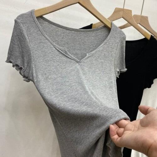 Elasstic Knitted Solid Women T-Shirts Summer New 2021 O-Neck Slim White Casual All Match Female Pulls Tops Tees X533