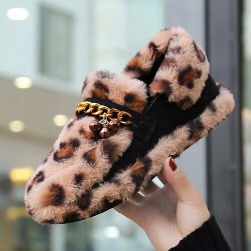 Ladies Winter leopard shoes warm plush fur cozy slipon outside loafers women flatsshoes fashion women shoes O4-12