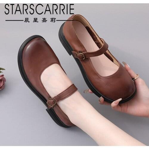 Small leather shoes women 2021 new autumn first layer cowhide womens shoes with skirt retro thick heel single shoes women