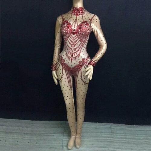 Black Red Purple Sparkly Rhinestone Jumpsuit Women Birthday Dance Party Bodysuit Nightclub Female Singer Stage Romper Set DT368