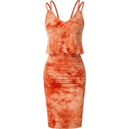 Grace Karin Womens Dresses Tie-Dyed Pencil Dress Spaghetti Straps V-Neck Ruched Hips-Wrapped Dresses Sexy Mini Short Slim Fit