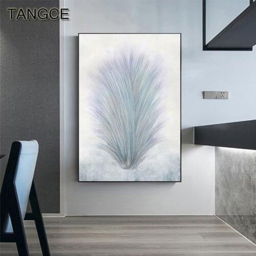 Abstract Holy White Feather Canvas Art Modern Sky Blue Poster and Print Big Nordic Wall Paintings for Living Room Home Pictures