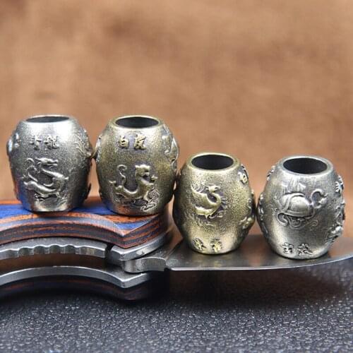 Chinese Mythical Beast Dragon Turtle Tiger Snake Bird Figures Carved Knife Beads Brass DIY Paracord Accessories EDC Outdoor Tool