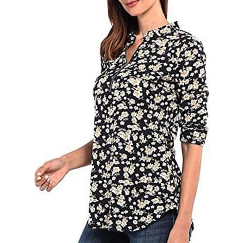 Quarter Sleeve Plaid Blouse Casual Ladies Zip Neckline Slim Floral Printing Shirt Daily Wear