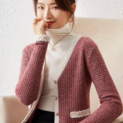 Pure wool small fragrant knit cardigan womens beaded button sweater jacket temperament ladies fan