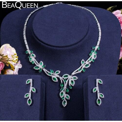 BeaQueen Stunning Marquise Cut Cubic Zirconia Green Leaf Drop Earrings Necklace Bridal Jewelry Sets for Wedding Dress JS092