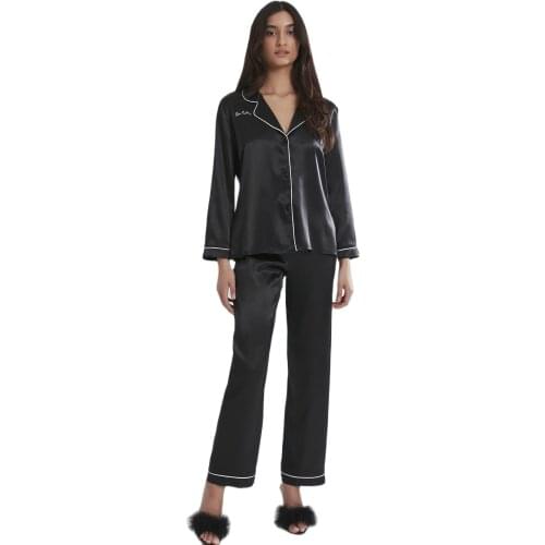 Black Sleepwear Female Satin 2 Piece Set Solid Women Pajamas Loose Pants Casual Home Suit Sets Nightwear night dress women