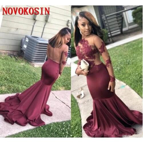Long Sleeve Mermaid Burgundy Prom Dresses 2019 Open Back Lace Appliques Sexy African Black Girls Formal Party Gown