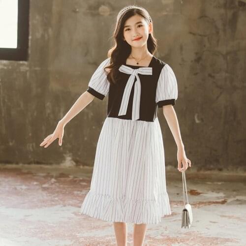 Bowtie Girls Dresses 2021 Summer Dress Elegant Short Sleeve Girl Clothes Teenager Kids Cotton Princess Costume School Clothing